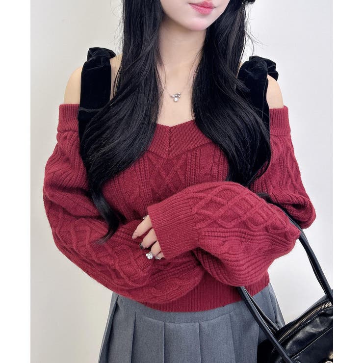 ボルドー | 7G 2WAYベロアリボンオフショルケーブルニット | INGNI 