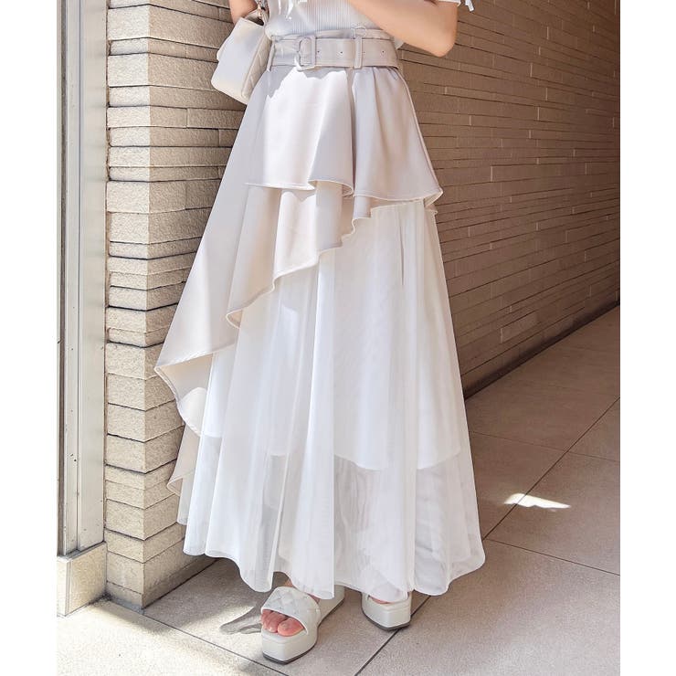 ライトベージュ/オフホワイト | 【WEB限定】共ベルト付チュール切替アシメスカート | INGNI 