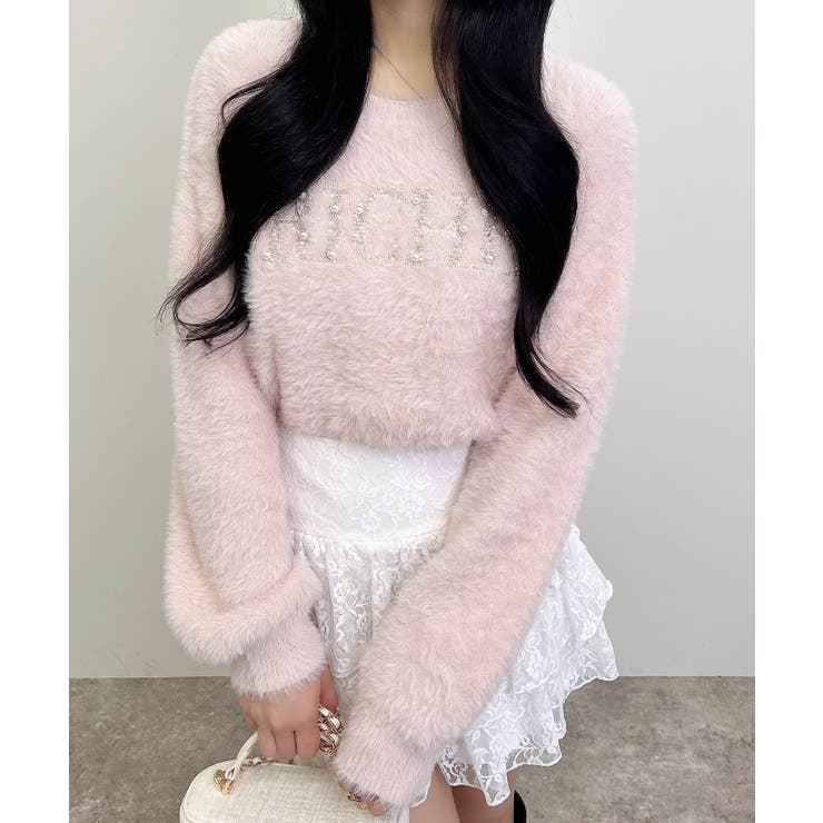 ピンク | 7Gパールビジューロゴフェザーニット | INGNI 