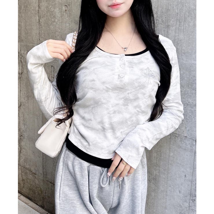 ムラ染めヘンリーネックレイヤード胸クロスTOPs[品番：INGW0011380