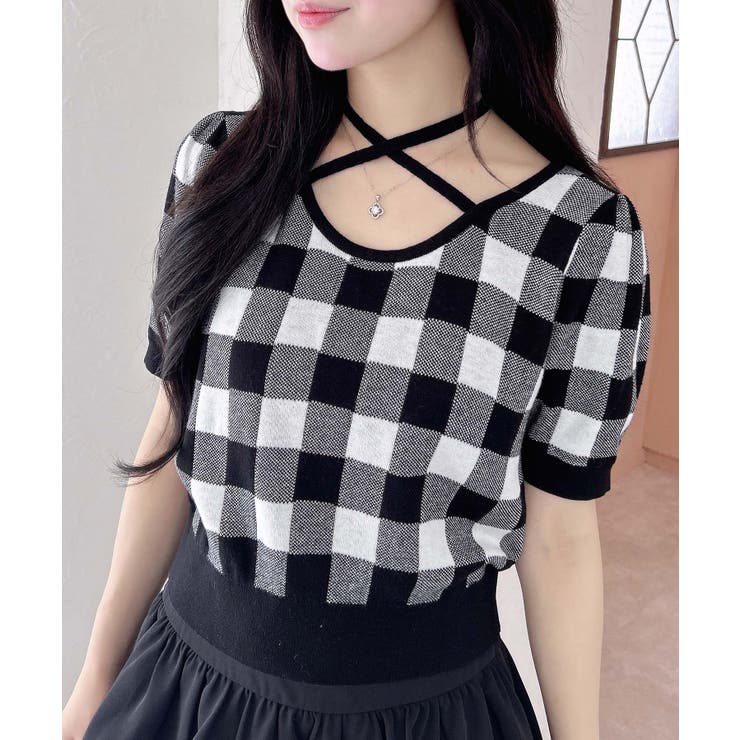 クロ/オフホワイト | クロスチョーカーチェック柄ニット | INGNI 