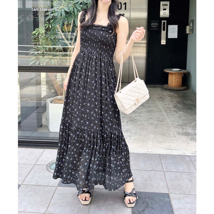 小花柄 ワンピース 切替 プリーツ シャーリング 肩フリル 2色 ♪ 小花柄 ワンピース 切替 プリーツ シャーリング 肩フリル 2色 ♪