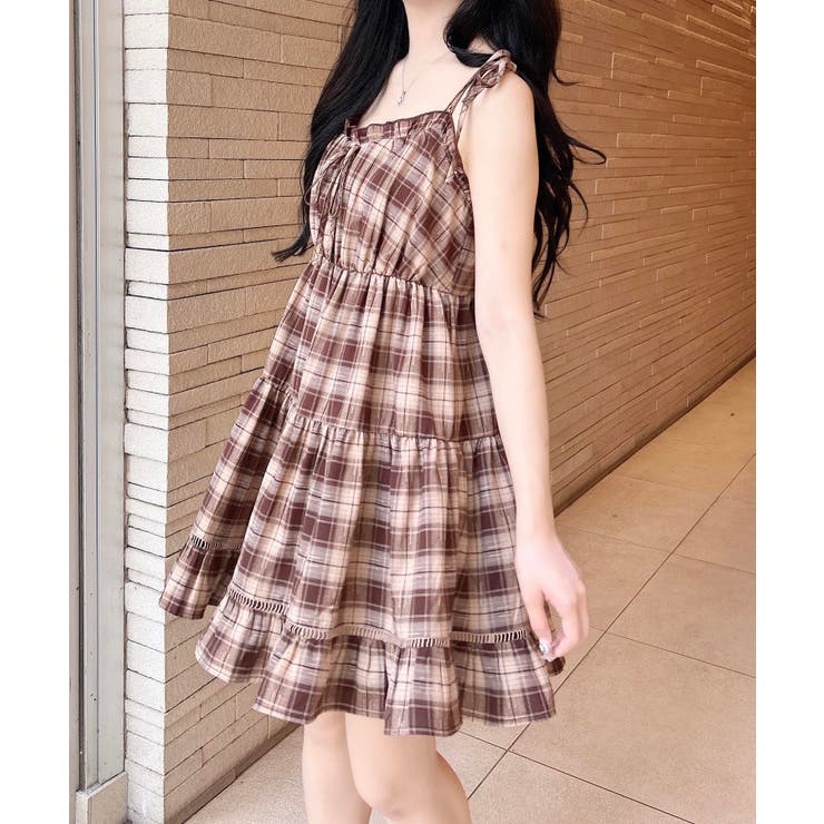 pium フロントホックティアードミニワンピース グレーチェック フロントホックティアードミニワンピース – pium
