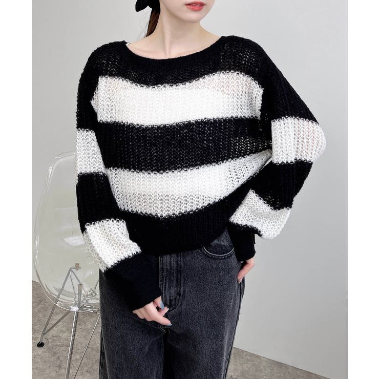 オフホワイト/クロ | ドロストモヘアボーダーニット | INGNI 