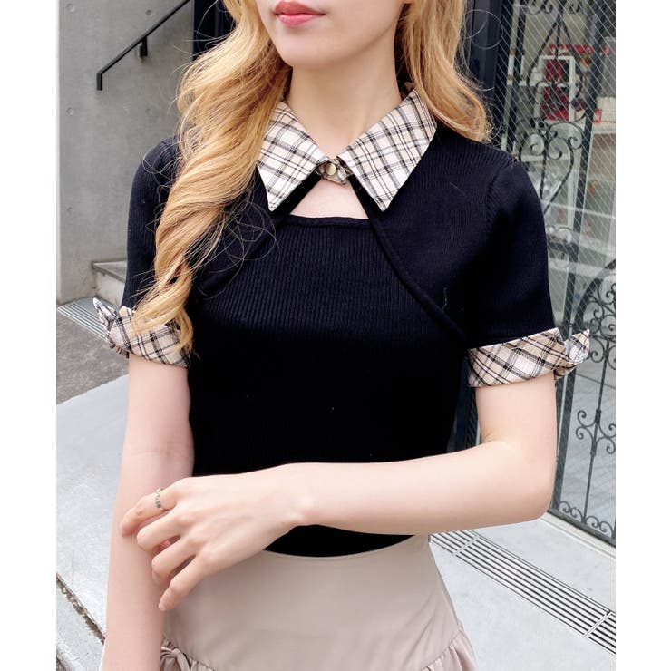 12G チェック衿デコルテオープン半袖ニット | INGNI  | 詳細画像16 