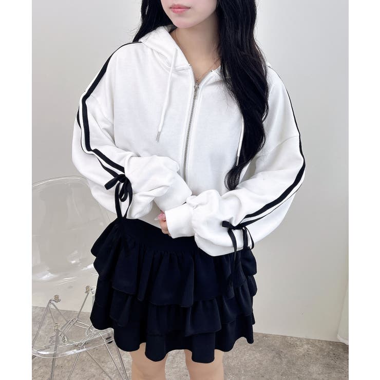 オフホワイト/クロ | 袖リボンショート裏毛ジップパーカー | INGNI 