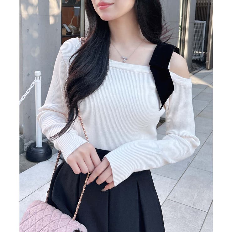 アイボリー | 12Gリブワンショルベロアリボンニット | INGNI 