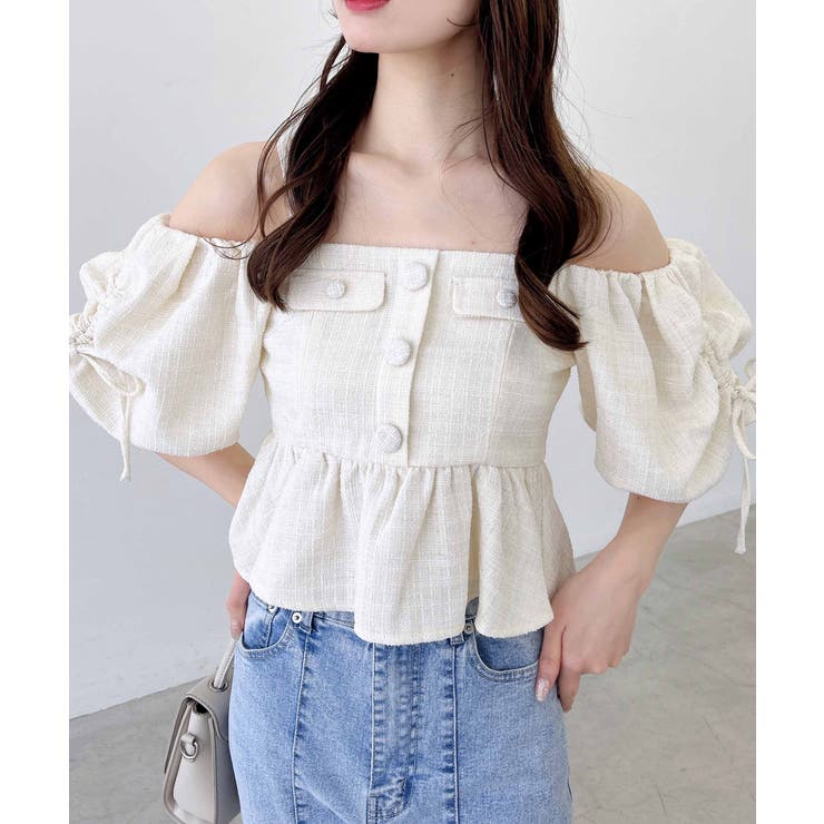 アイボリー | ツイードペプラムオフショルブラウス | INGNI 