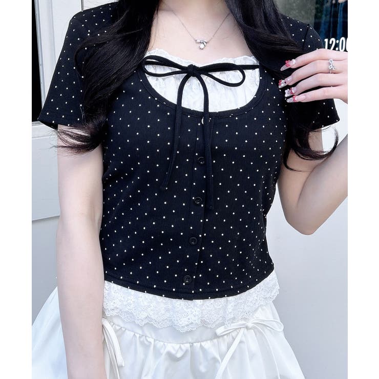 レースレイヤード風リボン付きリブTOPs | INGNI  | 詳細画像1 