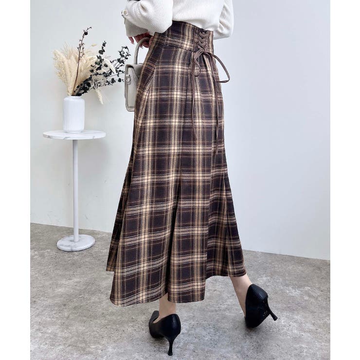 バックレースアップチェック柄マーメイドスカート[品番：INGW0011003
