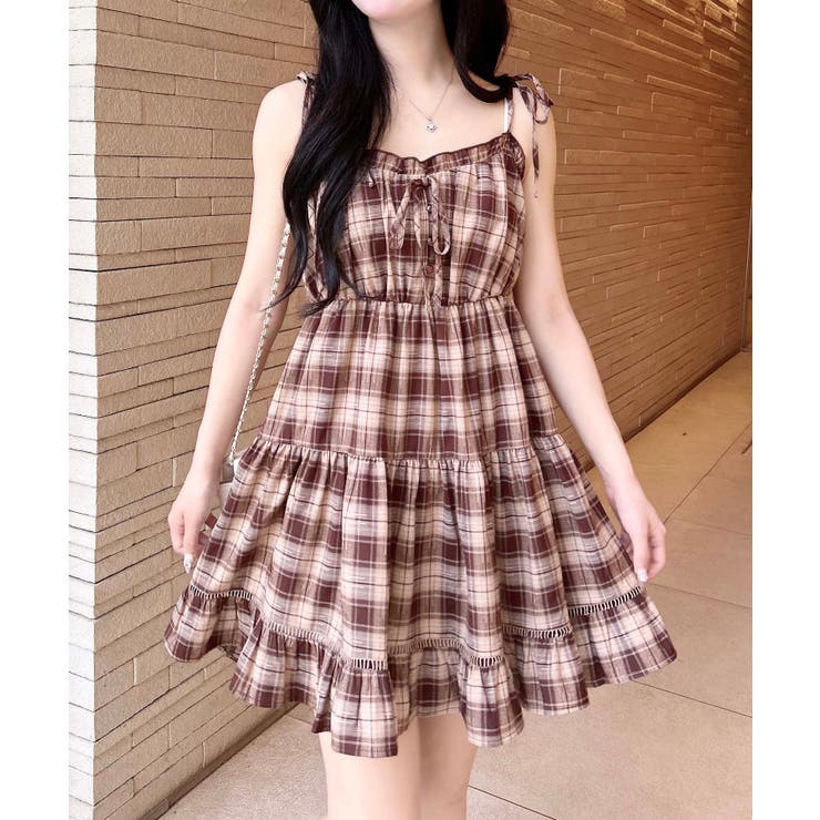 チェック柄ティアードミニキャミワンピース[品番：INGW0010924
