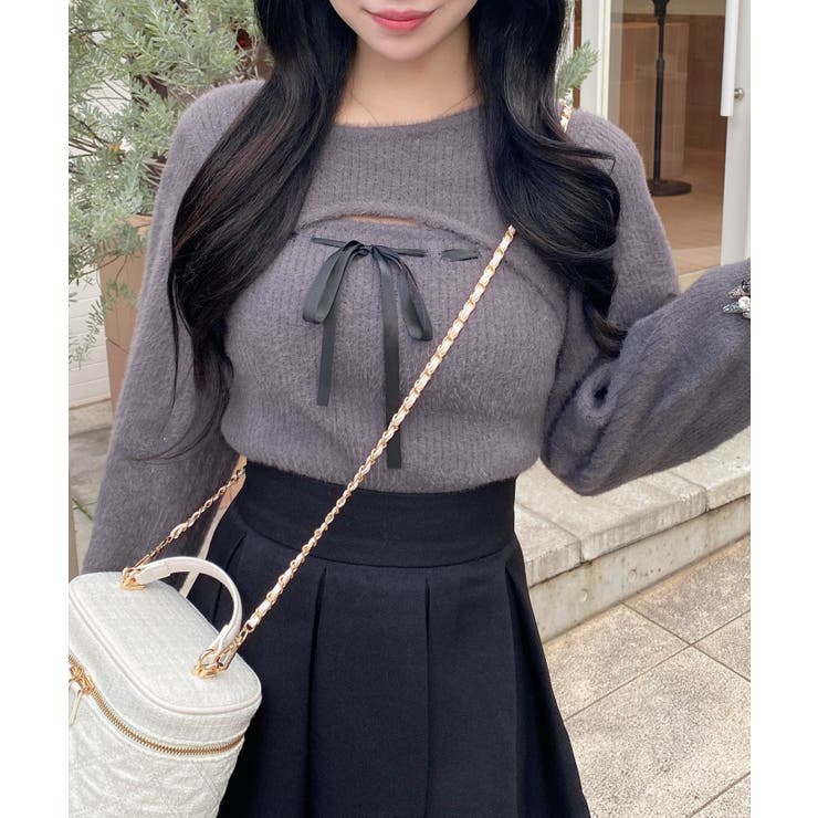 チャコールグレー | 12Gフェザーリブ デコルテオープンリボンニット | INGNI 