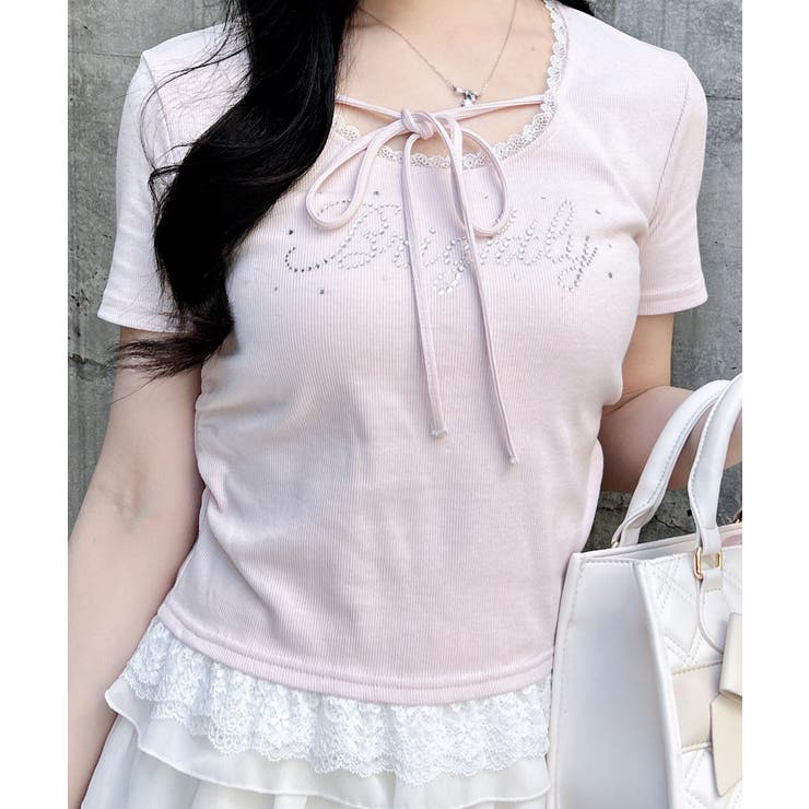 リボン付レース出しラインストーンロゴTOPs | INGNI  | 詳細画像9 