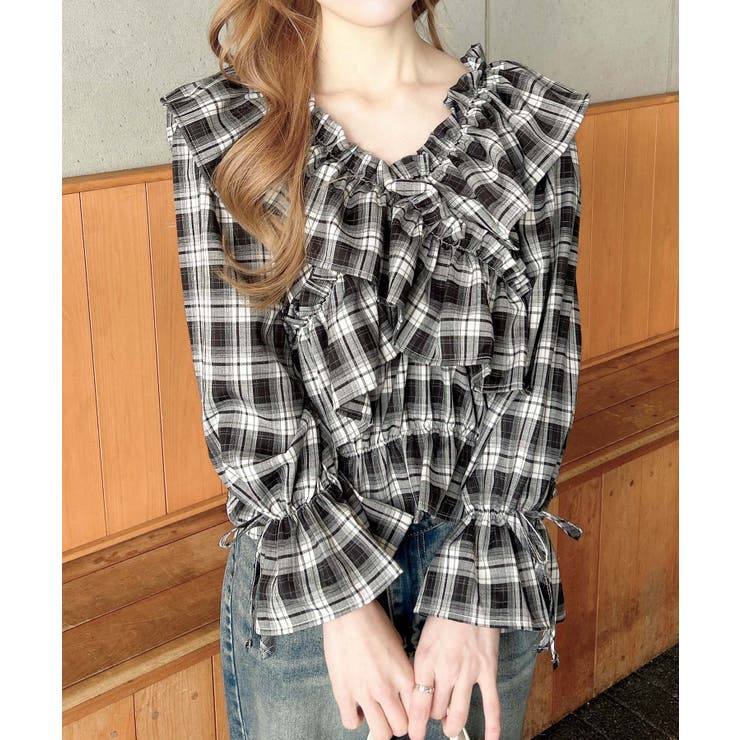 クロ/チェック | クロスフリルオフショルブラウス | INGNI 