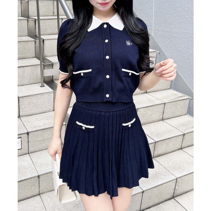 12G配色胸刺繍衿付ニットカーデ+ニットミニスカート/セット | INGNI  | 詳細画像1 