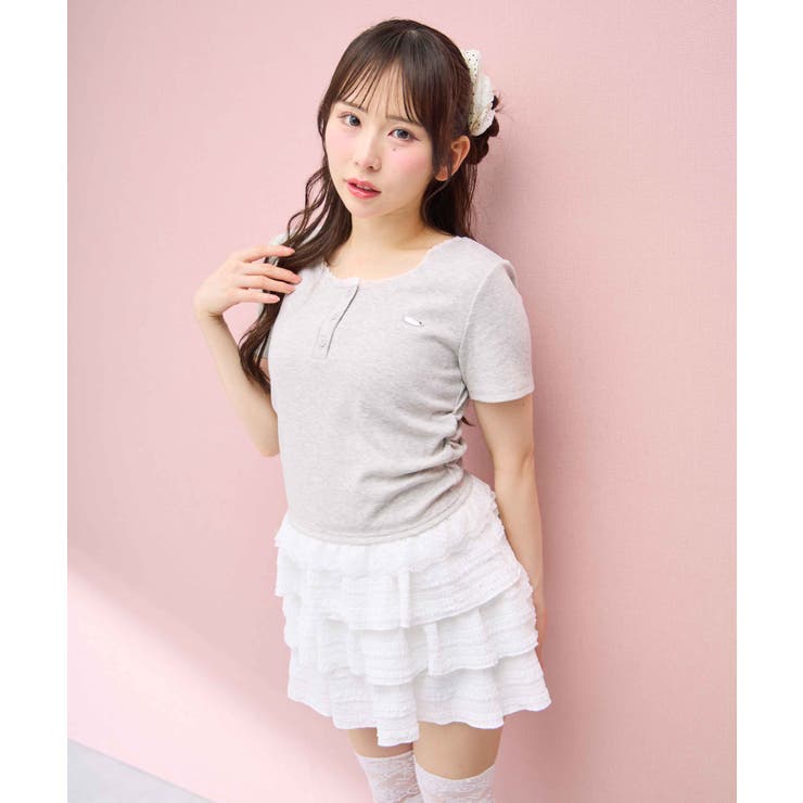 ヘンリーネックレース付プレートロゴ半袖リブTOPs | INGNI  | 詳細画像2 