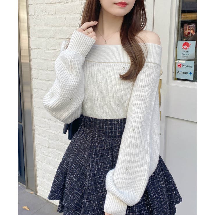 7Gもちもちラメ畦パールビジュ付オフショルニット | INGNI  | 詳細画像8 