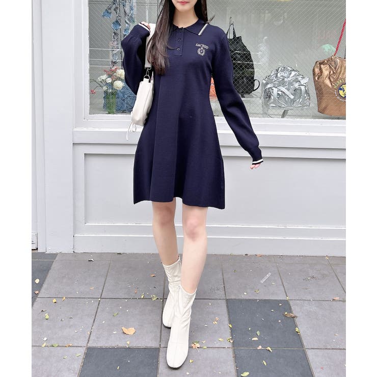 エンブレム胸刺繍配色ポロニットミニワンピース[品番：INGW0010603