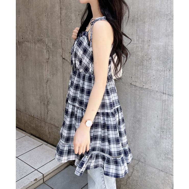 チェック柄ティアードミニキャミワンピース[品番：INGW0010924