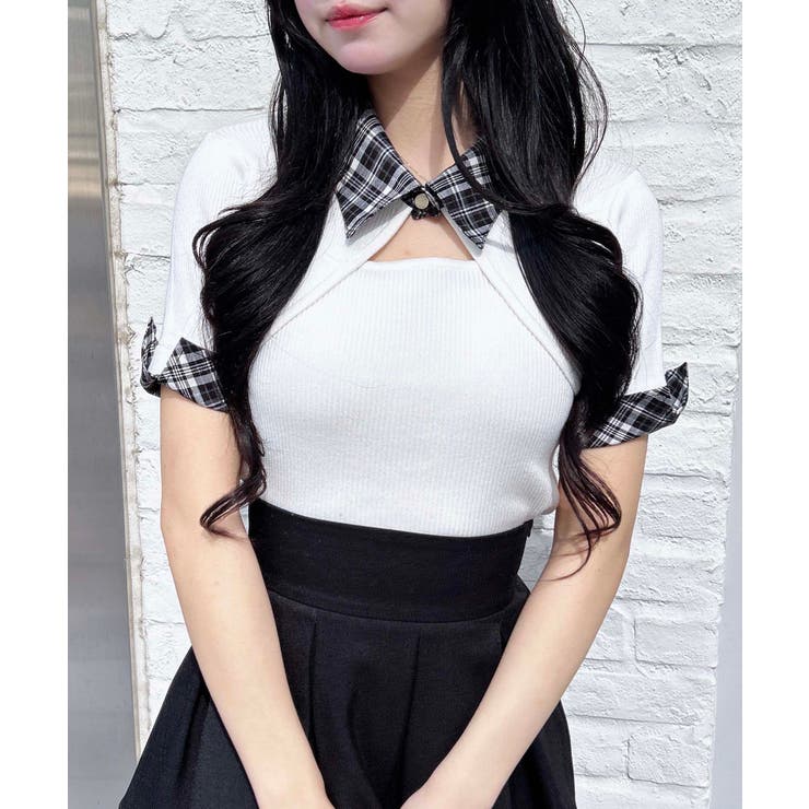 12G チェック衿デコルテオープン半袖ニット | INGNI  | 詳細画像1 