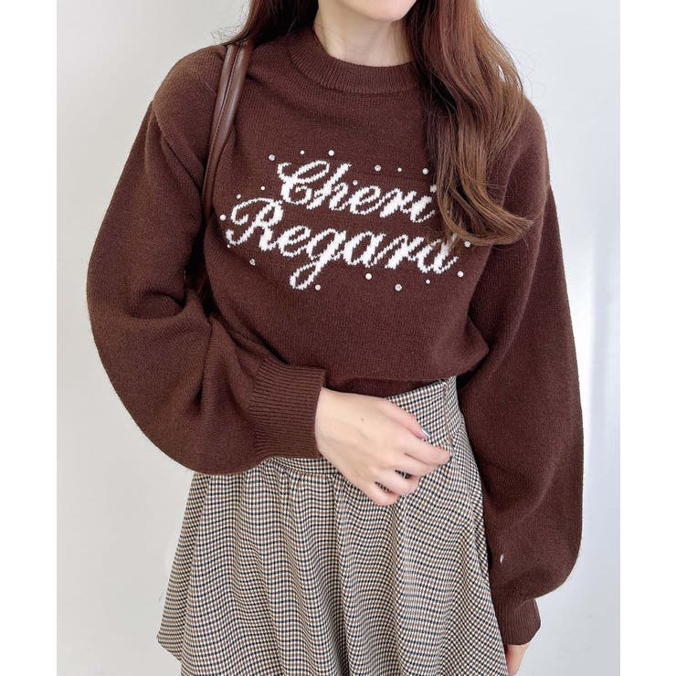 ブラウン/オフホワイト | 7Gパールビジュ×ロゴニット | INGNI 