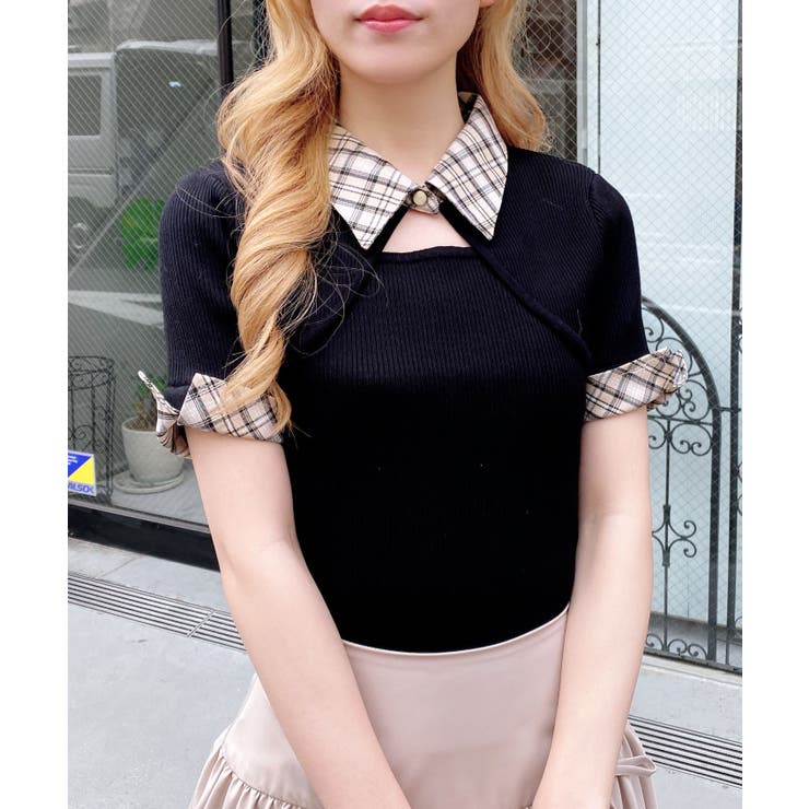 12G チェック衿デコルテオープン半袖ニット | INGNI  | 詳細画像15 