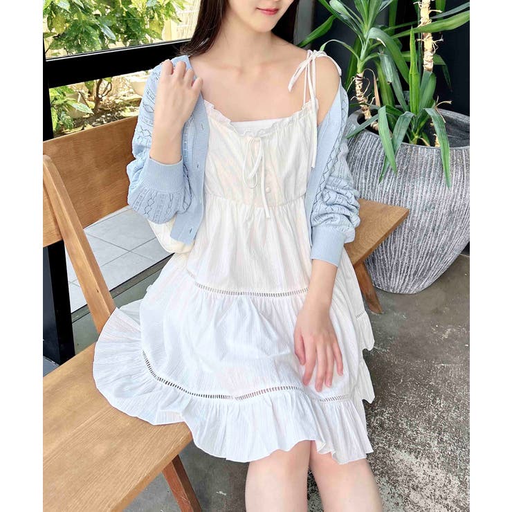 【INGNI】ミニワンピース　ノースリーブ　白　ロリ　可愛い　レース編み INGNI｜【WEB限定】レースティアードミニキャミワンピース