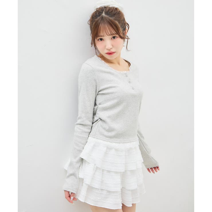 ヘンリーネックレース付プレートロゴ長袖リブトップス | INGNI  | 詳細画像1 