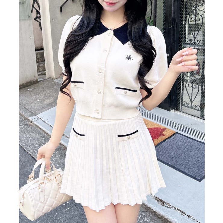 オフホワイト/コン | 12G配色胸刺繍衿付ニットカーデ+ニットミニスカート/セット | INGNI 