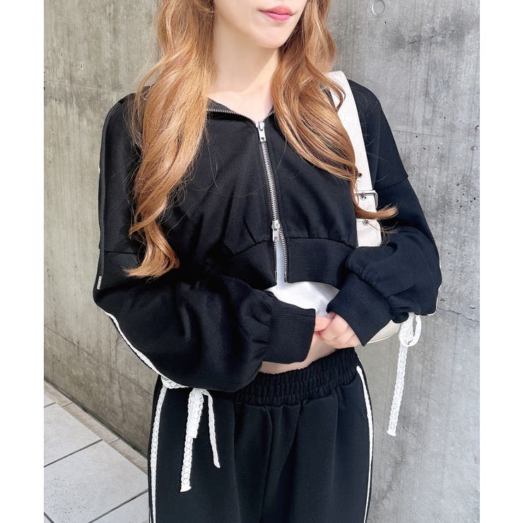 クロ/オフホワイト | 袖レースリボンショート裏毛ジップパーカー | INGNI 