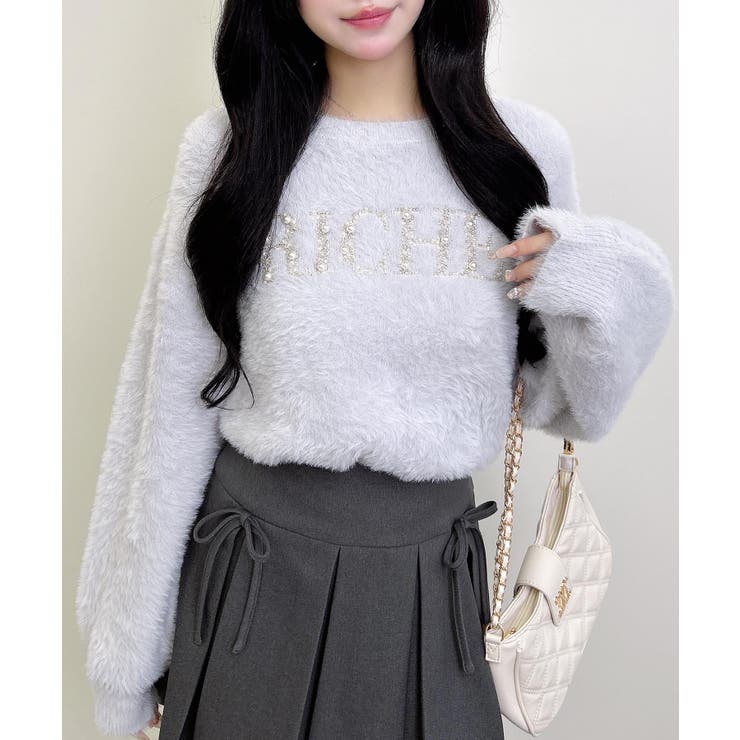 ライトグレー | 7Gパールビジューロゴフェザーニット | INGNI 