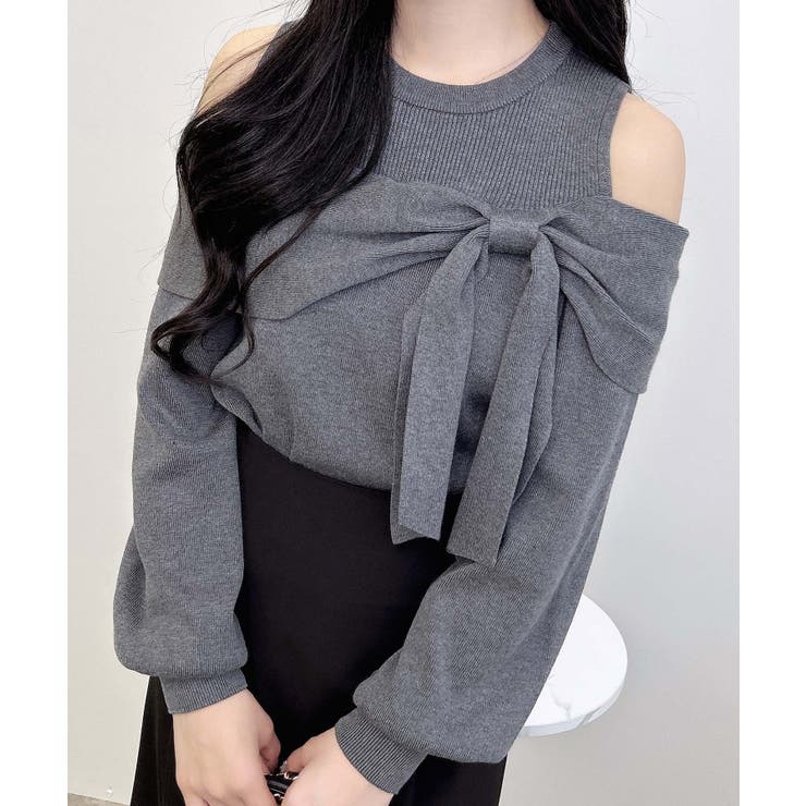 チャコールグレー | 12G肩開きリボンニット | INGNI 