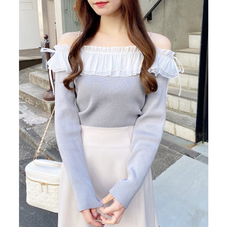 グレー/オフホワイト | 12Gラインストーンチェーンオフショルフリルニット | INGNI 