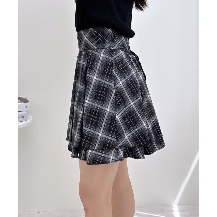 バックレースアップチェック柄タックフレアスカート[品番