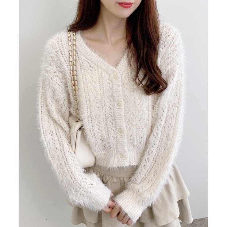 オフホワイト | 5Gフェザーヤーン透かし柄ニットカーディガン | INGNI 