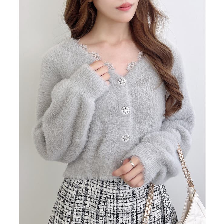 ライトグレー | 5Gレース付フェザーニットカーディガン | INGNI 