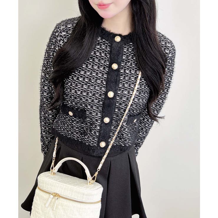 クロ/オフホワイト | 5Gフェザーツイードニットカーディガン | INGNI 