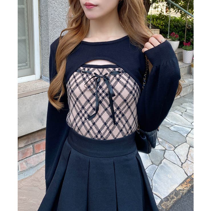 12Gチェック柄デコルテオープンニット[品番：INGW0011261]｜INGNI