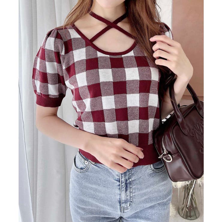 ボルドー/オフホワイト | クロスチョーカーチェック柄ニット | INGNI 