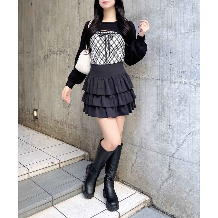 デコルテオープンチェックニットトップス デコルテオープンチェックニットトップス グレー | ファッション通販