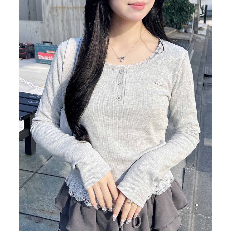 ヘンリーネックレース付プレートロゴ長袖リブトップス | INGNI  | 詳細画像2 