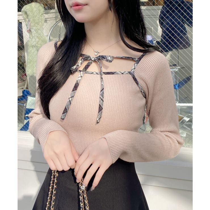 12Gチェック柄配色デコルテリボンニット | INGNI  | 詳細画像8 