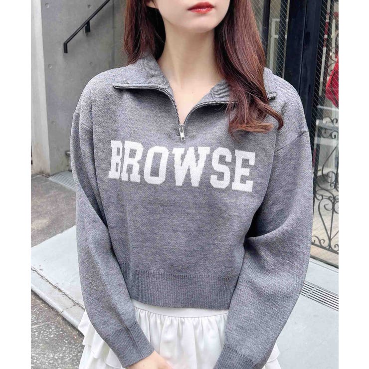 チャコールグレー/オフホワイト | 12GハーフZIPショート丈ロゴニット | INGNI 