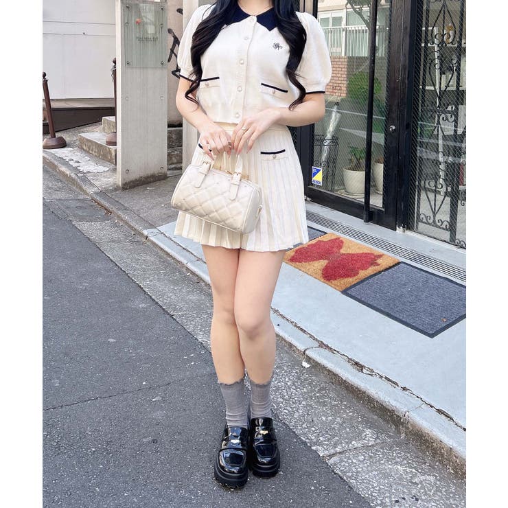 12G配色胸刺繍衿付ニットカーデ+ニットミニスカート/セット | INGNI  | 詳細画像15 