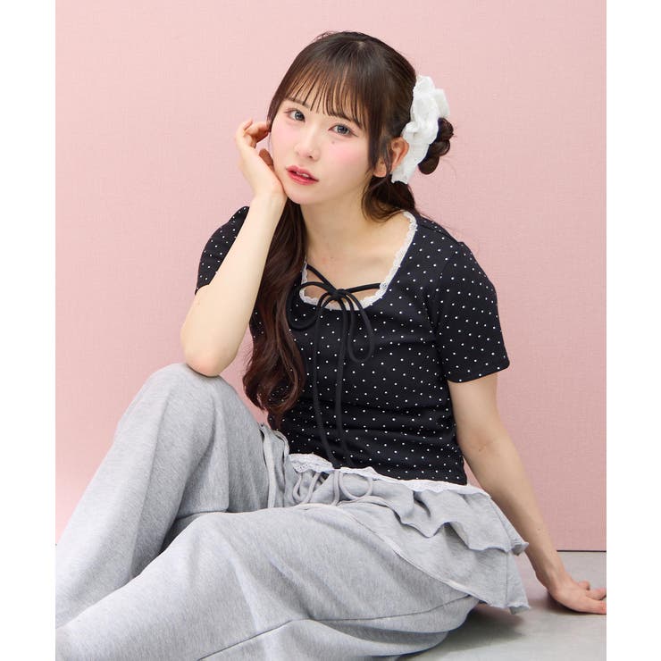 レース出しリボン付ドット半袖リブTOPs | INGNI  | 詳細画像3 