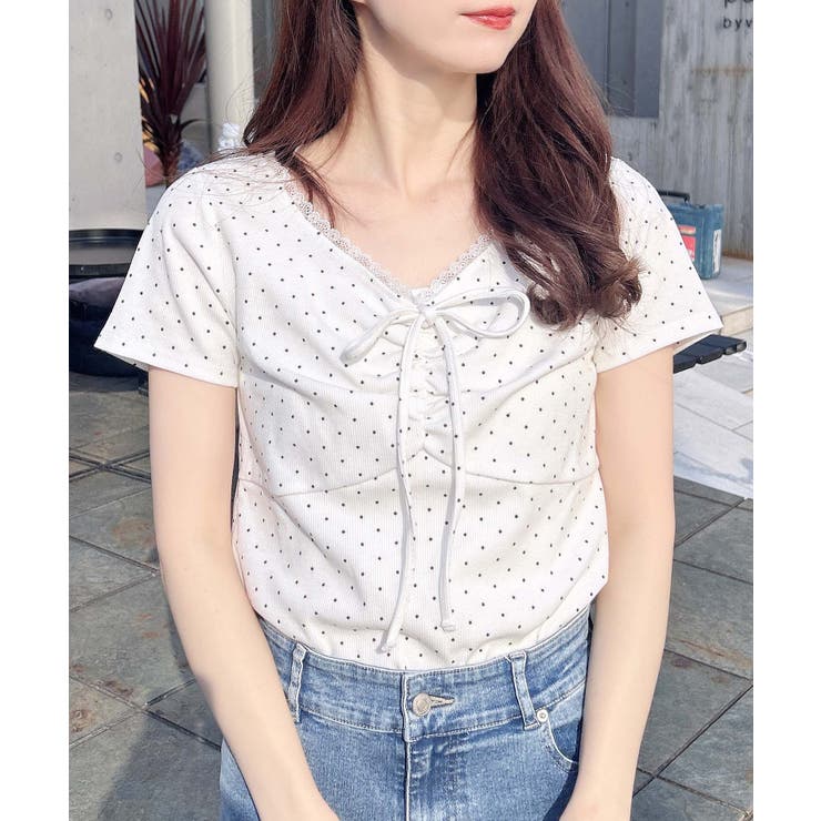 衿レース付フロントギャザーリボンリブTOPs | INGNI  | 詳細画像1 