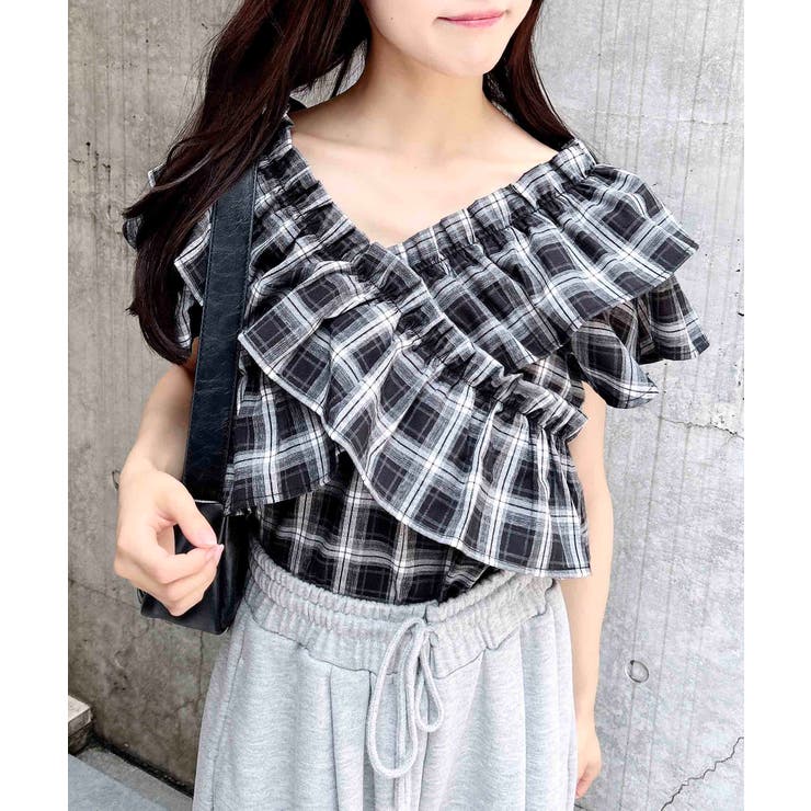 クロスフリルチェック柄オフショルブラウス[品番：INGW0010952]｜INGNI