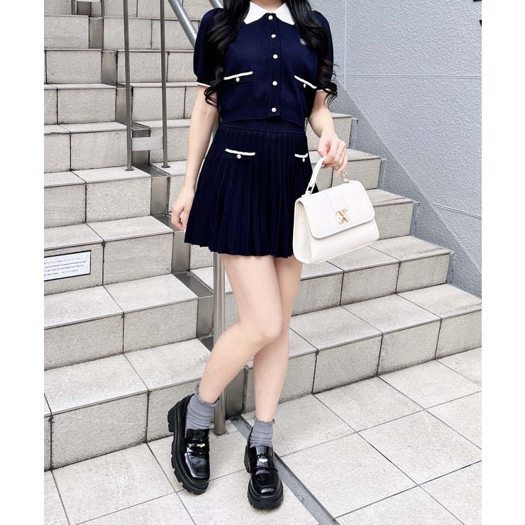 12G配色胸刺繍衿付ニットカーデ+ニットミニスカート/セット | INGNI  | 詳細画像3 