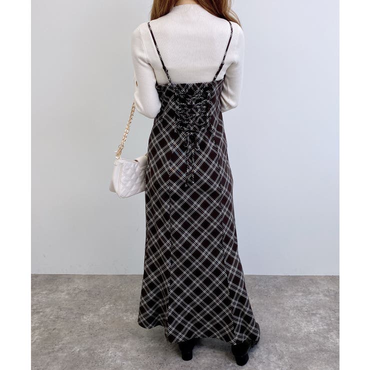 BackレースUPチェック柄マーメイドキャミワンピ[品番：INGW0011199