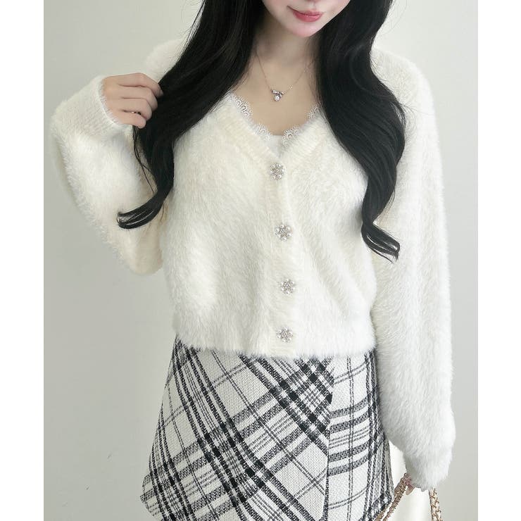 アイボリー | 5Gレース付フェザーニットカーディガン | INGNI 